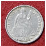 1874 Seated Liberty Silver Dime with Arrows