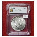1923 D Peace Silver Dollar ICG MS62