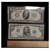 1934 B $10 Fed Res Note & 1950 D $50 Fed Res Note