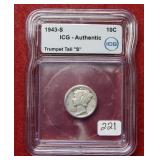 1943 S Mercury Silver Dime ICG Authentic Tall S