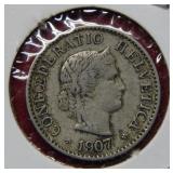 1907 Silver Switzerland 5 denomination coin