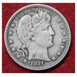 1911 D Barber Silver Quarter