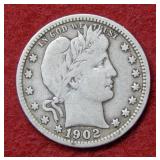 1902 O Barber Silver Quarter