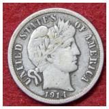 1911 D Barber Silver Dime