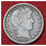 1904 O Barber Silver Quarter