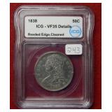 1838 Bust Silver Half ICG VF35 Details - cleaned