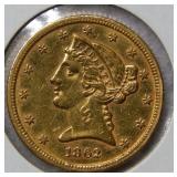 1862 S US $5 Gold Coin