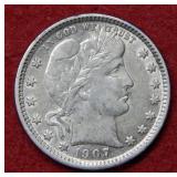 1907 O Barber Silver Quarter