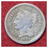 1874 Three Cent Nickel with CUD on REV