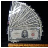 (10) US $5 Notes - Red Seal - circulated