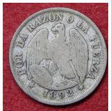 1892 Chili Silver 20 Centavos Coin