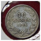 1903 Silver Netherlands 10 Cent Coin