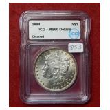 1884 Morgan Silver Dollar ICG MS60 Details cleaned