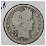 1911 D Barber Silver Quarter