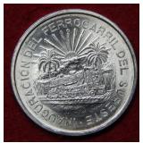 1950 Mexico Railroad Silver 5 Peso Coin
