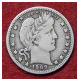 1909 Barber Silver Quarter