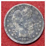 1909 D Barber Silver Quarter- dark