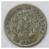 1892 Chile 20 Centavos Silver Coin