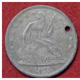1870 S Seated Liberty Silver Half - holed