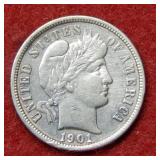 1901 O Barber Silver Dime - cleaned