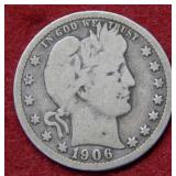 1906 D Barber Silver Quarter - first year/Denver