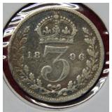 1896 Great Britain Silver 3 Pence Coin