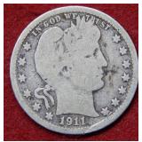 1911 D Barber Silver Quarter