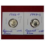 1946 D & 1948 D Roosevelt Silver Dimes
