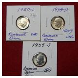1950 D - 1954 D -1955 S Roosevelt Silver Dimes