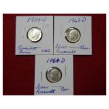 1955 D-1963 D -1964 D Roosevelt Silver Dimes