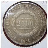 1854 Brazil Silver 2000 Reis Coin