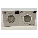 1897 & 1909 Barber Quarter Dollar Coins