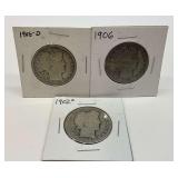 1902-O, 1906 & 1906-D Barber Half Dollar Coins