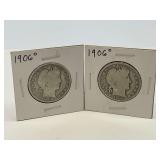 Two 1906 Barber Half Dollars