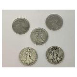 Lot of Five Walking Liberty Half Dollars