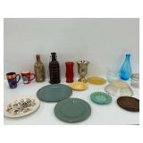 Assorted Decorative Home Goods - Bottles, Plates, Vases, and Mugs