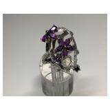 Sterling Silver Ring Size 8 w/ Amethyst Butterflies Above & Below 16x24mm Quartz Crystal