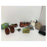 Mixed Lot: Nylint Truck and Trailer, John Deere Lunchbox, Football, Hats