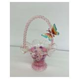 Bradford Exchange Lina Liu “Ruby Sparkle” Hand Blown Pink Glass Basket with Butterfly Accent