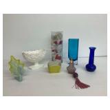 Vintage Glassware: Vases, Perfume Bottle, Pyrex Dish, and Other Items