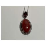 Sterling Silver 13x22mm Orange Jade and Garnet Gem 1.5 in. Pendant...18 in. Necklace