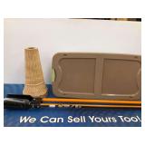 Post Hole Digger, Sterilite Container, and Bird Bath Base