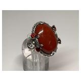 Sterling Silver 18x24mm Orange Jade Ring w/Ring Shank Billikens Holding Garnets...Size 6