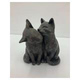 Two Cats Bronze Tone Sculpture, Signed PJ