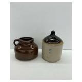 Two Pieces of Vintage Stoneware: Brown Glazed Pot and Numbered Jug