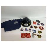 Fire Department Memorabilia Lot with Helmet, Shirt, and Patches