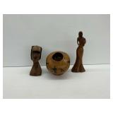 Hand Carved Wooden Bust Sculpture, Woman with Child Figurine, and Pottery Vase with Figures