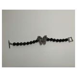 Sterling Silver, 7mm Smoky Grey Jade Bead & Multi Gem 7 in. Butterfly Toggle Lock Bracelet
