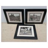 Framed Black and White Photograph Prints - Train, Lumber, Motorcycle
