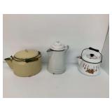 Group of Enameled Kettles and Coffee Pot